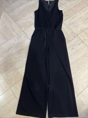 Sleeveless Black V-Neck Wide-Leg Jumpsuit with Waist Tie
